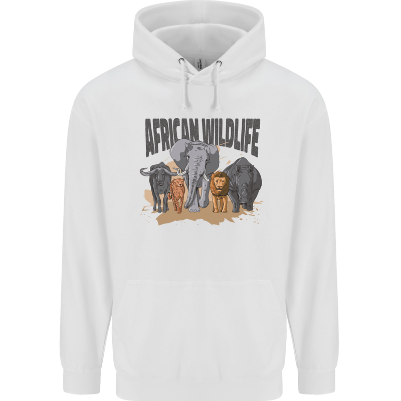 African Wildlife Elephant Lion Rhino Safari Childrens Kids Hoodie White