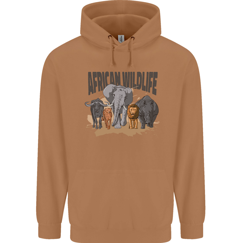 African Wildlife Elephant Lion Rhino Safari Mens 80% Cotton Hoodie Caramel Latte