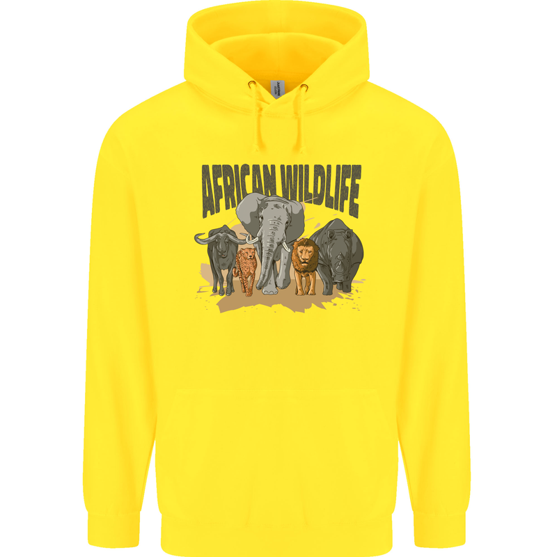 African Wildlife Elephant Lion Rhino Safari Mens 80% Cotton Hoodie Yellow