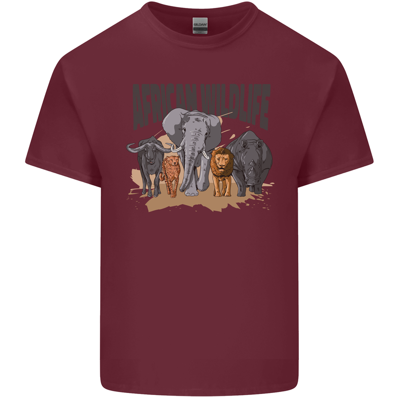 African Wildlife Elephant Lion Rhino Safari Mens Cotton T-Shirt Tee Top Maroon