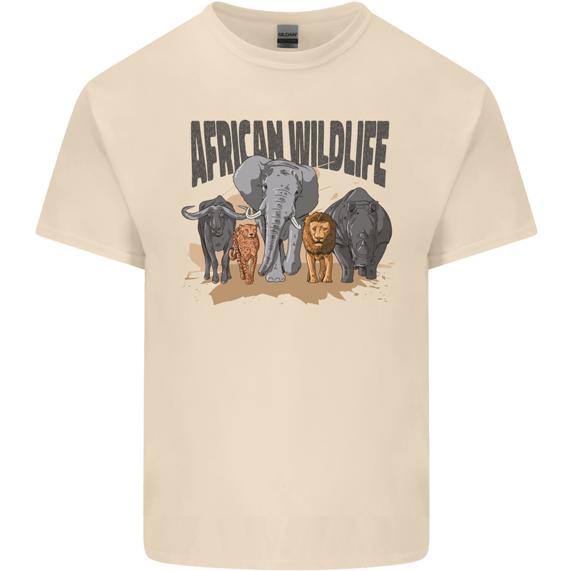 African Wildlife Elephant Lion Rhino Safari Mens Cotton T-Shirt Tee Top Natural