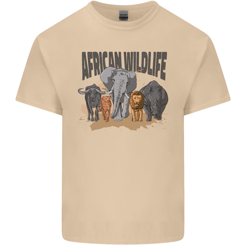 African Wildlife Elephant Lion Rhino Safari Mens Cotton T-Shirt Tee Top Sand