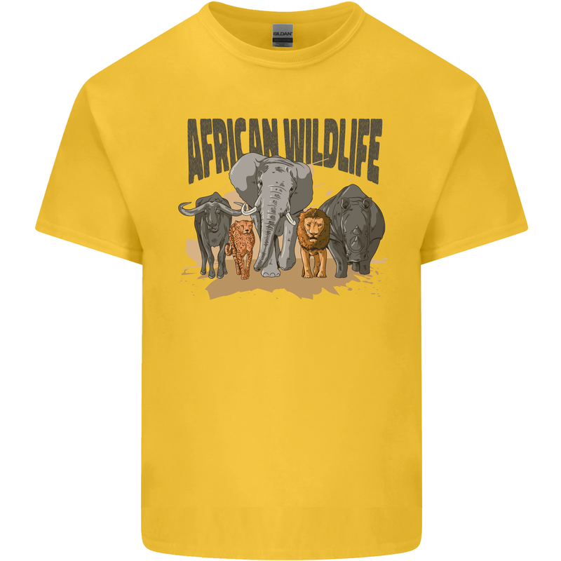 African Wildlife Elephant Lion Rhino Safari Mens Cotton T-Shirt Tee Top Yellow