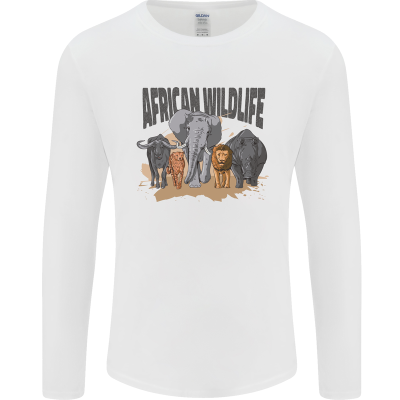 African Wildlife Elephant Lion Rhino Safari Mens Long Sleeve T-Shirt White
