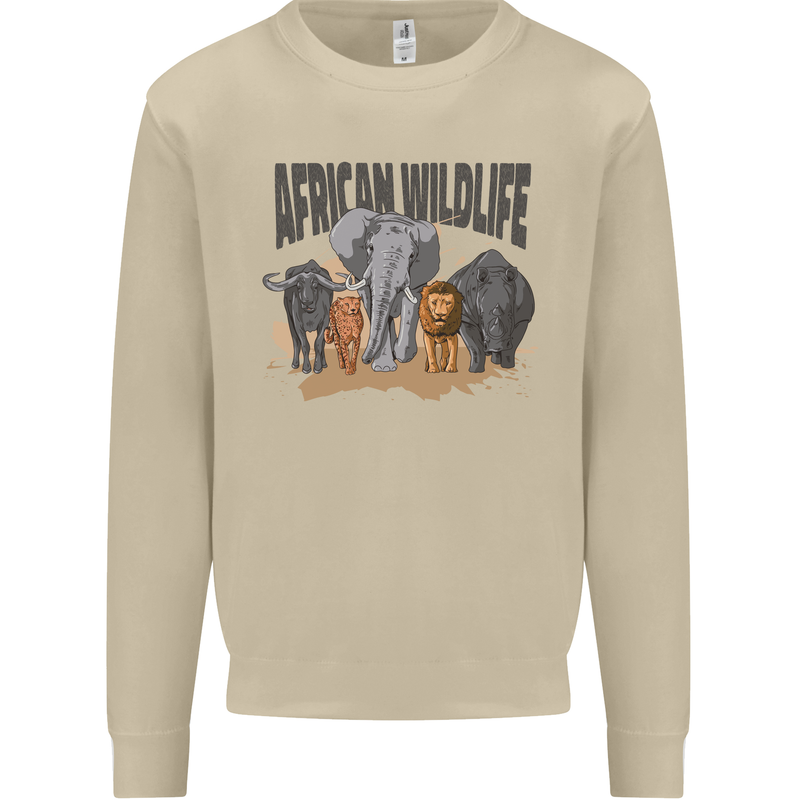 African Wildlife Elephant Lion Rhino Safari Mens Sweatshirt Jumper Sand