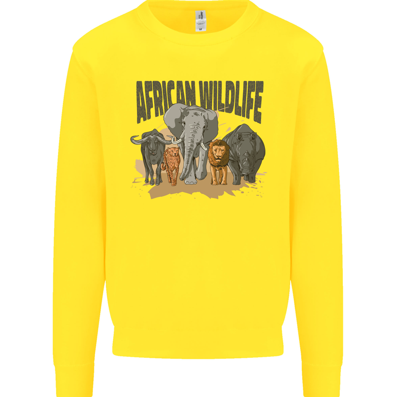 African Wildlife Elephant Lion Rhino Safari Mens Sweatshirt Jumper Yellow