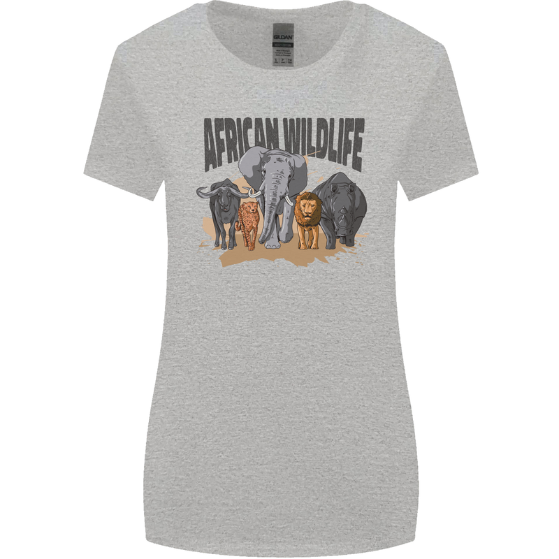 African Wildlife Elephant Lion Rhino Safari Womens Wider Cut T-Shirt Sports Grey