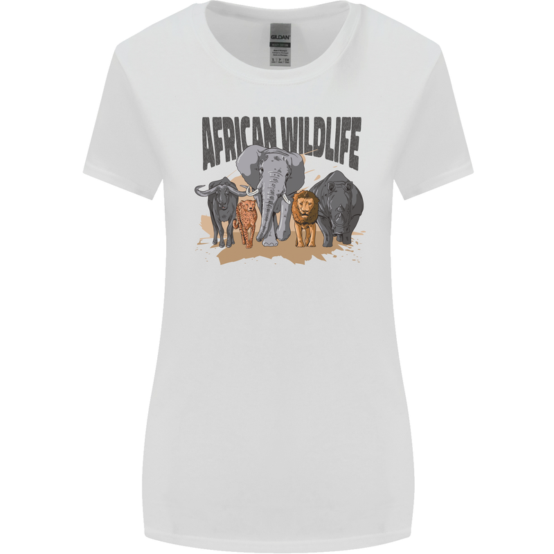 African Wildlife Elephant Lion Rhino Safari Womens Wider Cut T-Shirt White