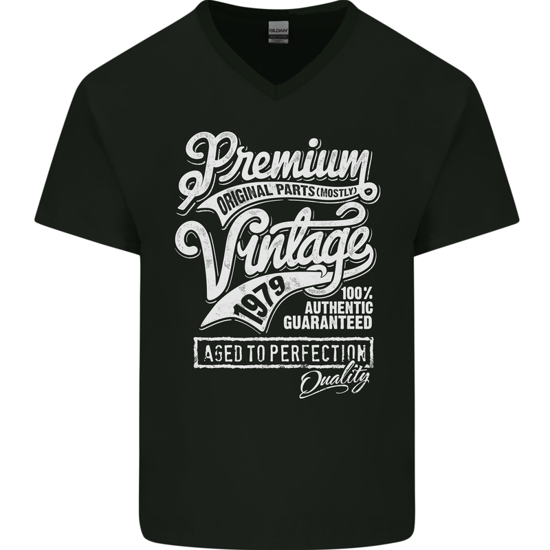 Aged to Perfection Vintage 44th Birthday 1979 Mens V-Neck Cotton T-Shirt Black
