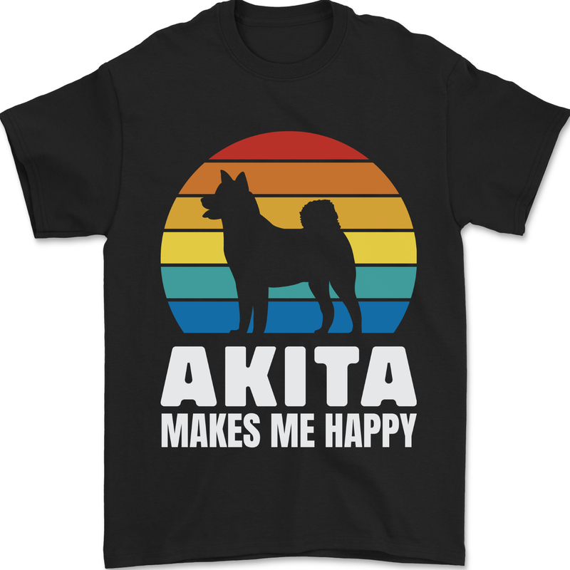 Akita Makes Me Happy Funny Dog Inu Mens T-Shirt 100% Cotton Black