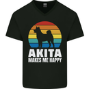 Akita Makes Me Happy Funny Dog Inu Mens V-Neck Cotton T-Shirt Black