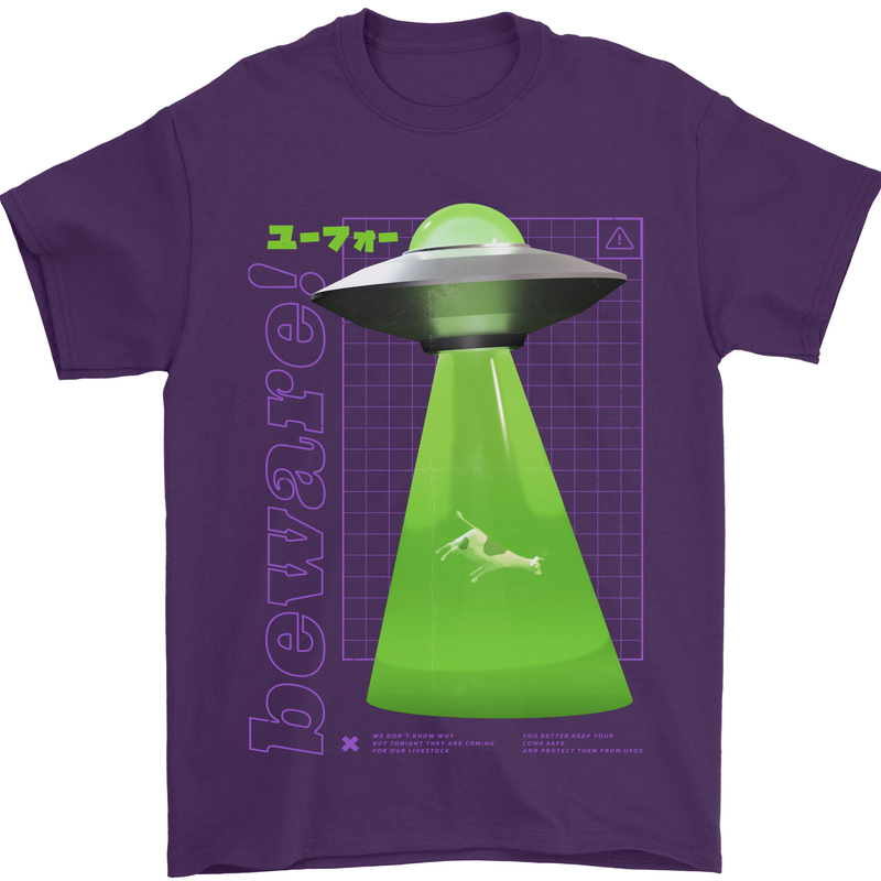 Alien Abducted Cow UFO Farmer Farming Mens T-Shirt 100% Cotton Purple