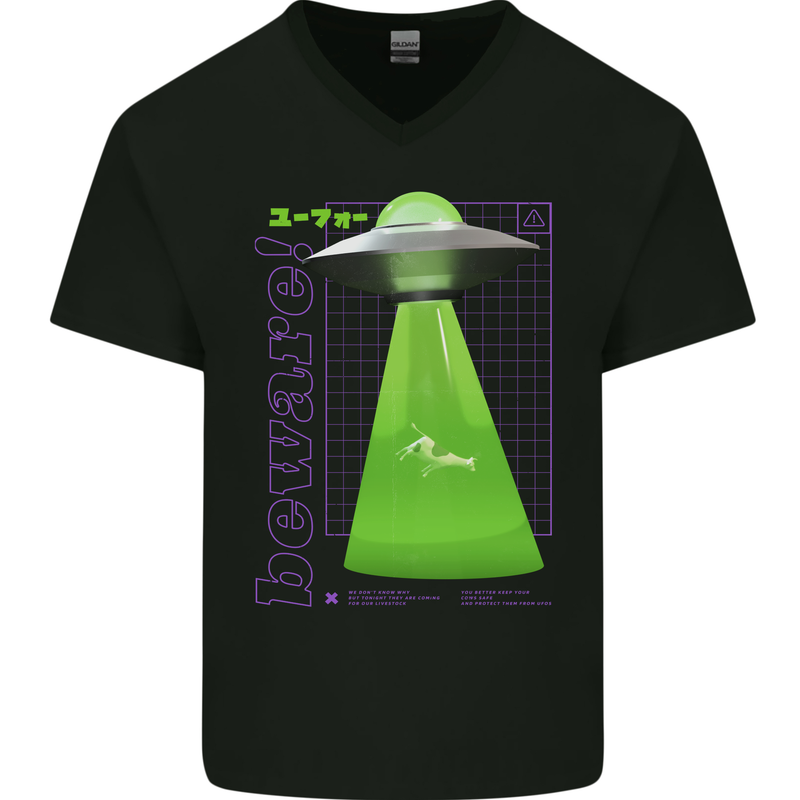 Alien Abducted Cow UFO Farmer Farming Mens V-Neck Cotton T-Shirt Black