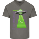 Alien Abducted Cow UFO Farmer Farming Mens V-Neck Cotton T-Shirt Charcoal