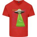 Alien Abducted Cow UFO Farmer Farming Mens V-Neck Cotton T-Shirt Red