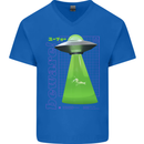 Alien Abducted Cow UFO Farmer Farming Mens V-Neck Cotton T-Shirt Royal Blue