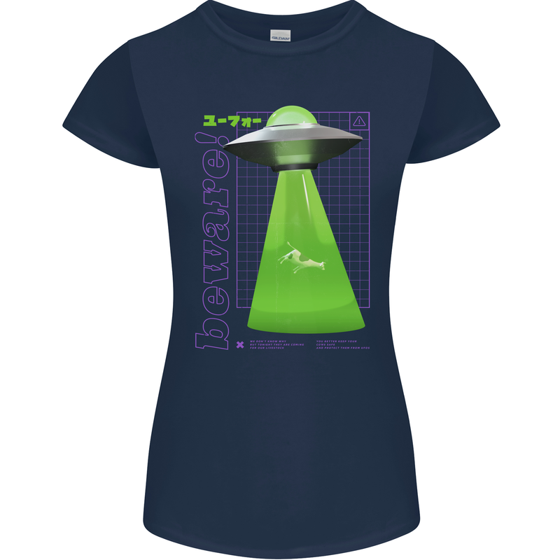 Alien Abducted Cow UFO Farmer Farming Womens Petite Cut T-Shirt Navy Blue