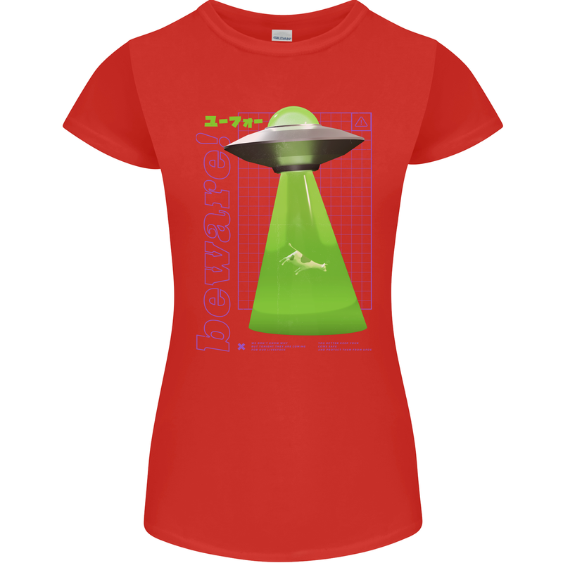 Alien Abducted Cow UFO Farmer Farming Womens Petite Cut T-Shirt Red
