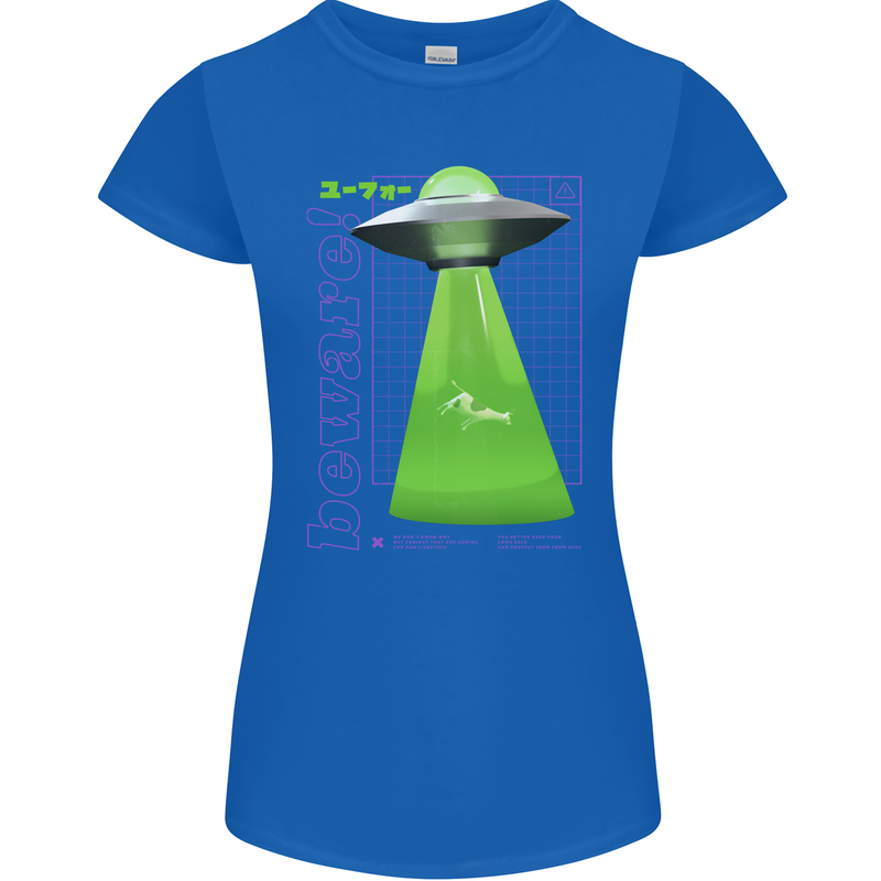 Alien Abducted Cow UFO Farmer Farming Womens Petite Cut T-Shirt Royal Blue