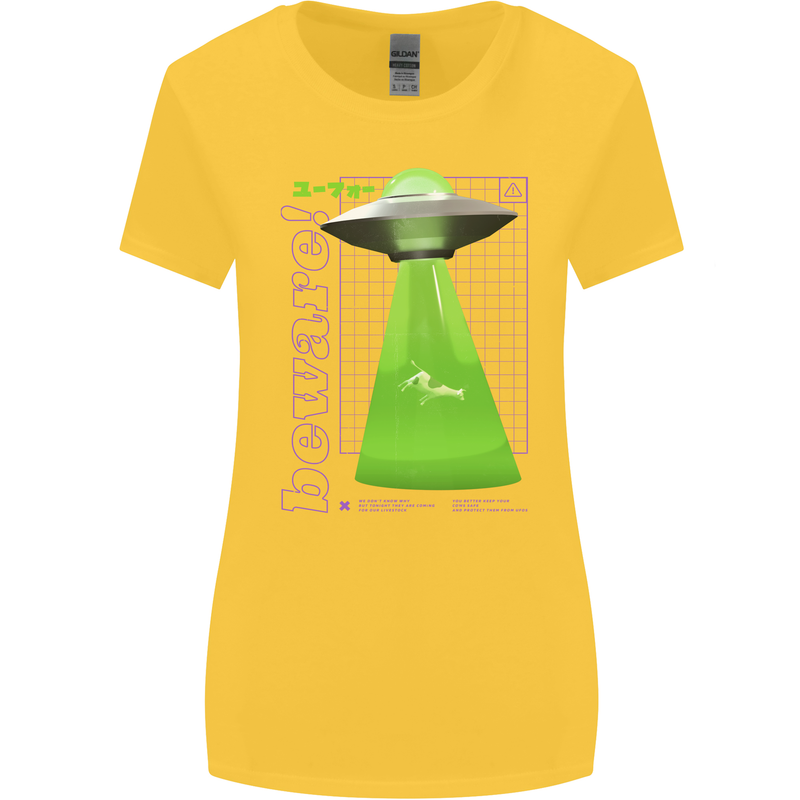 Alien Abducted Cow UFO Farmer Farming Womens Wider Cut T-Shirt Yellow
