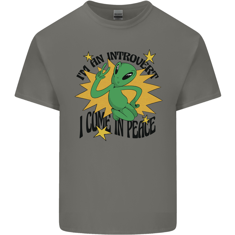 Alien Introvert I Come in Peace Funny UFO Mens Cotton T-Shirt Tee Top Charcoal