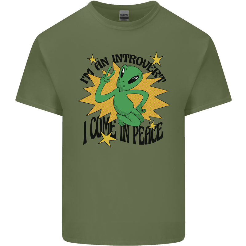 Alien Introvert I Come in Peace Funny UFO Mens Cotton T-Shirt Tee Top Military Green