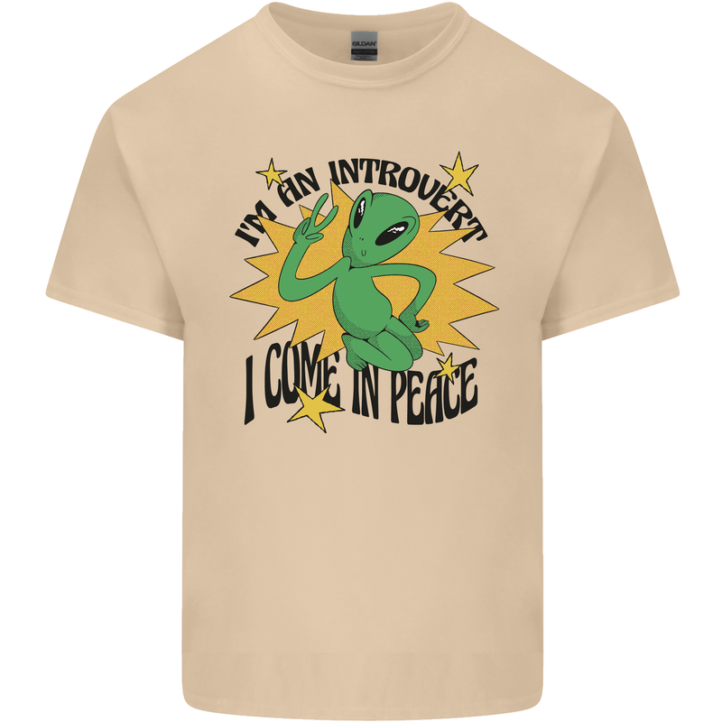 Alien Introvert I Come in Peace Funny UFO Mens Cotton T-Shirt Tee Top Sand