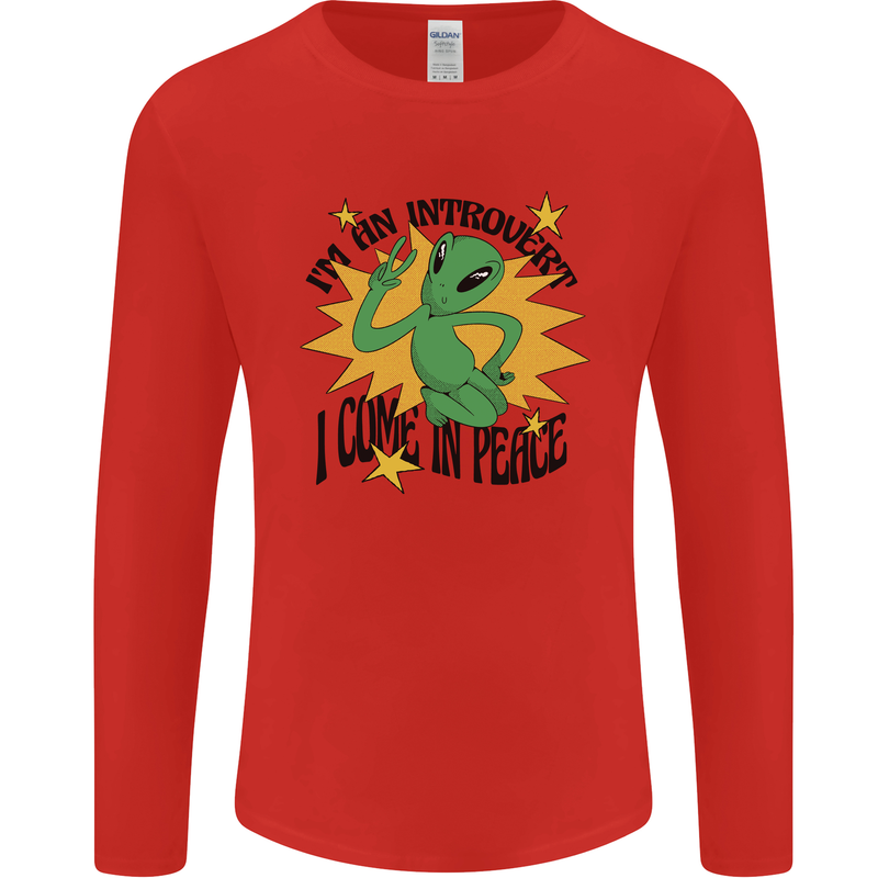 Alien Introvert I Come in Peace Funny UFO Mens Long Sleeve T-Shirt Red