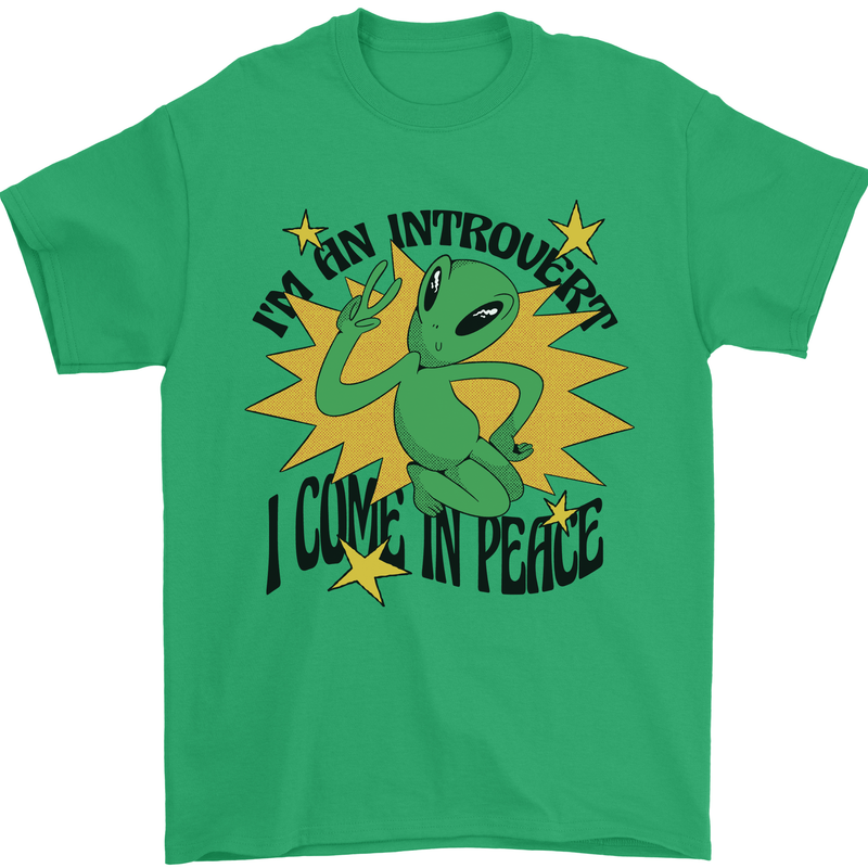 Alien Introvert I Come in Peace Funny UFO Mens T-Shirt 100% Cotton Irish Green