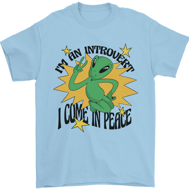 Alien Introvert I Come in Peace Funny UFO Mens T-Shirt 100% Cotton Light Blue