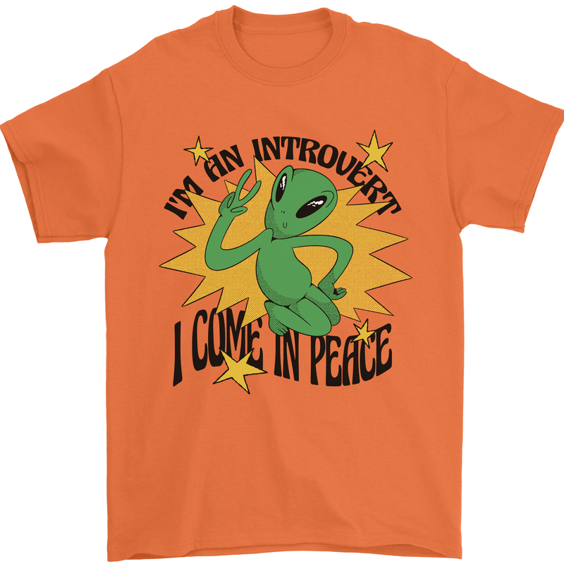 Alien Introvert I Come in Peace Funny UFO Mens T-Shirt 100% Cotton Orange