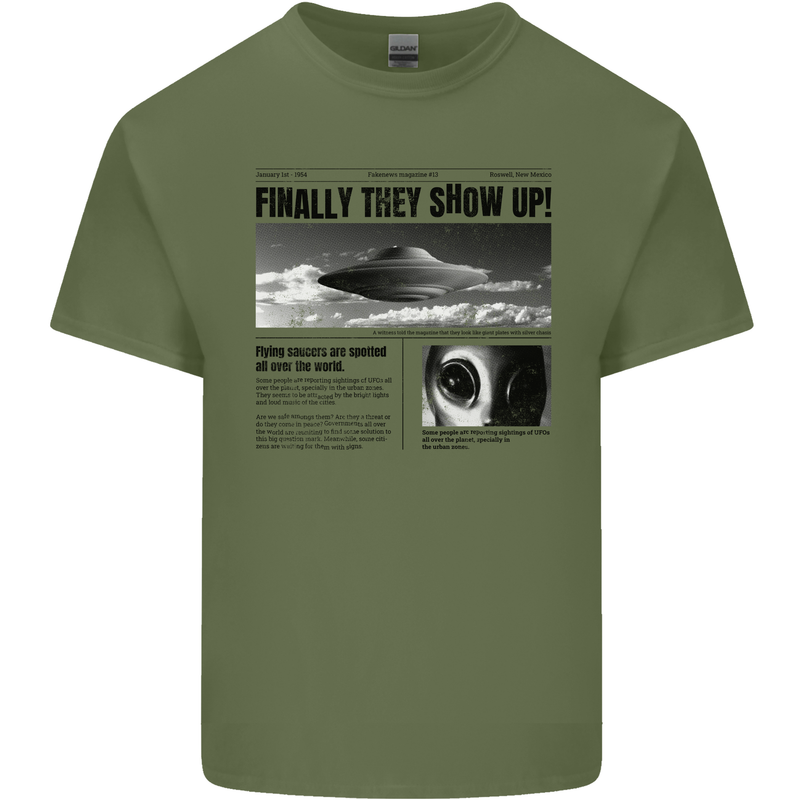 Alien News Article UFO Mens Cotton T-Shirt Tee Top Military Green
