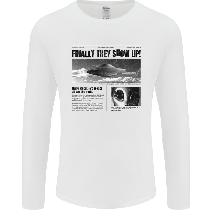 Alien News Article UFO Mens Long Sleeve T-Shirt White