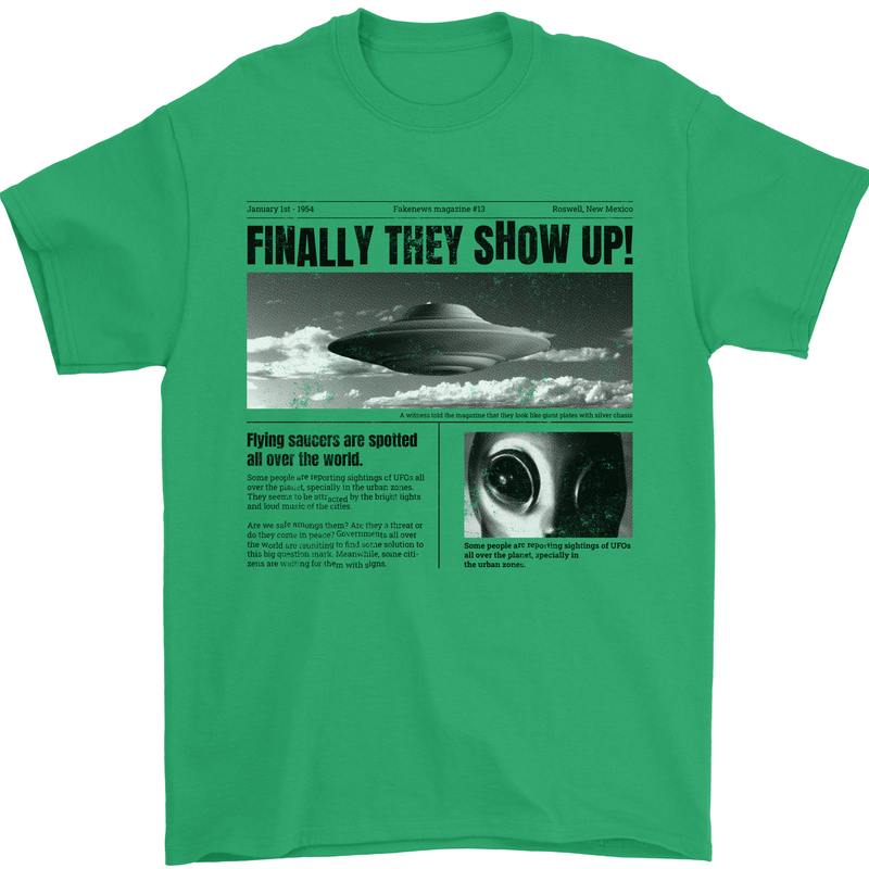 Alien News Article UFO Mens T-Shirt 100% Cotton Irish Green