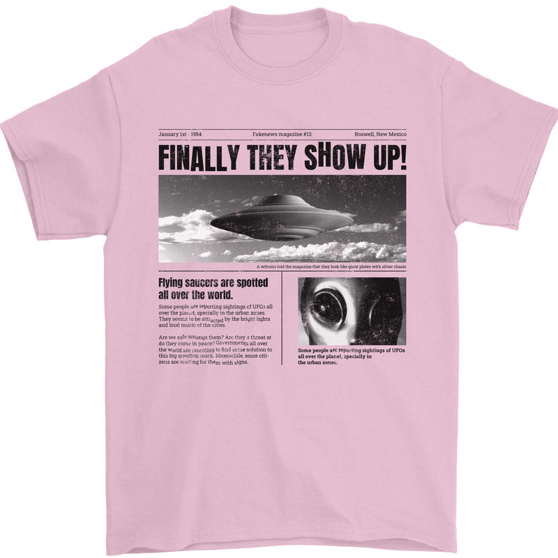 Alien News Article UFO Mens T-Shirt 100% Cotton Light Pink