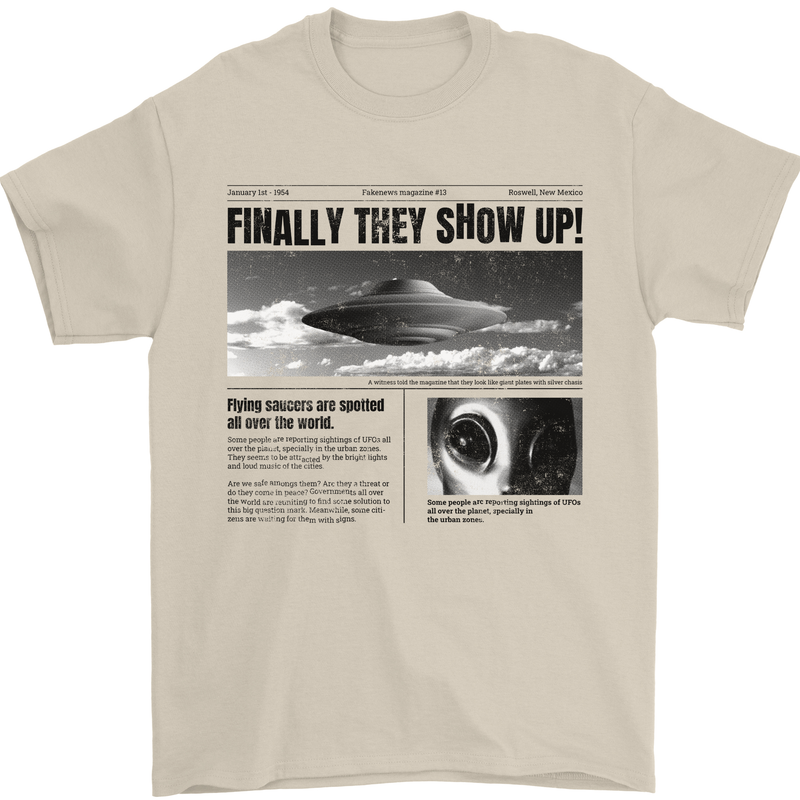 Alien News Article UFO Mens T-Shirt 100% Cotton Sand