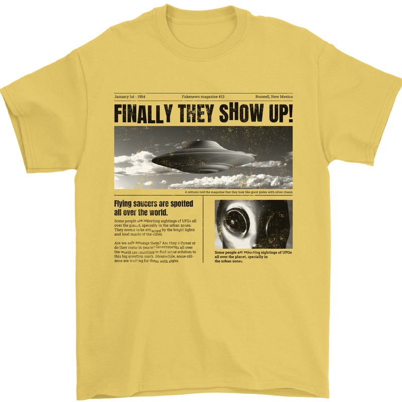 Alien News Article UFO Mens T-Shirt 100% Cotton Yellow