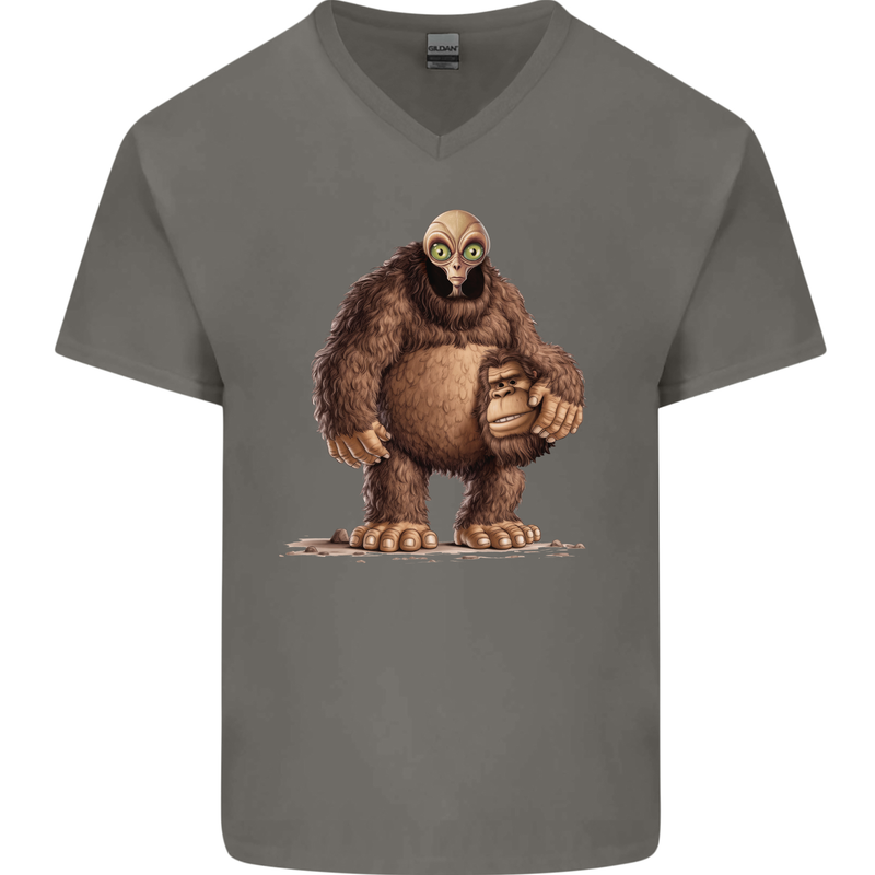 Alien in a Bigfoot Fancy Dress Outfit Ape Gorilla Mens V-Neck Cotton T-Shirt Charcoal