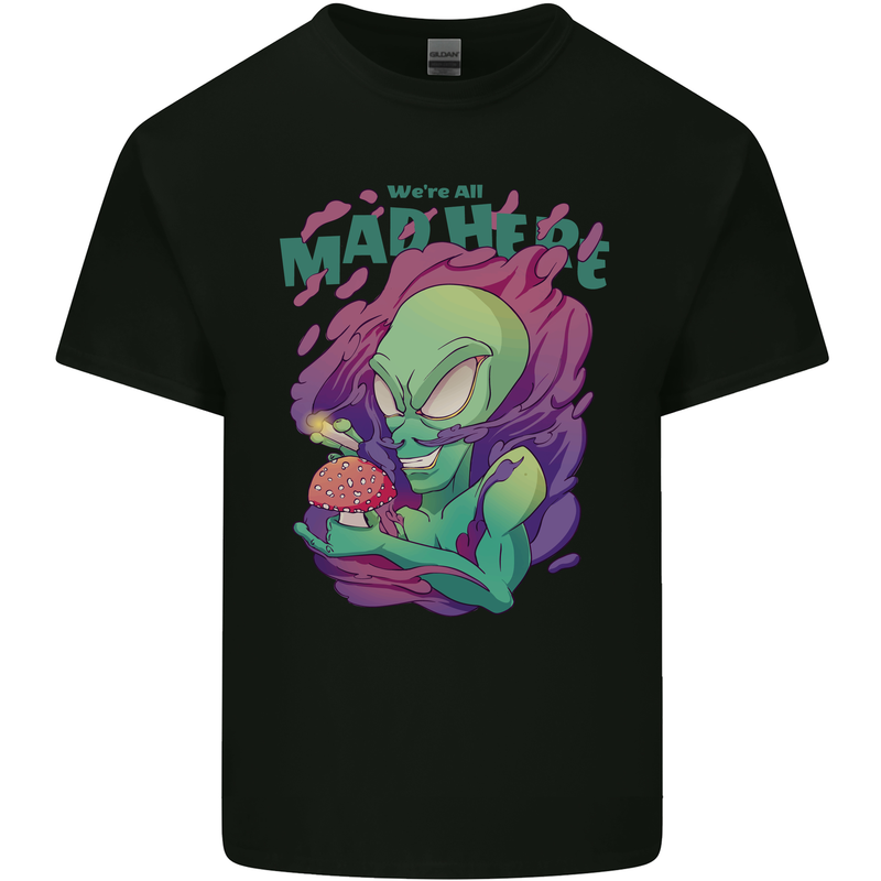 All Mad Here Alien Magic Mushrooms Mens Cotton T-Shirt Tee Top Black