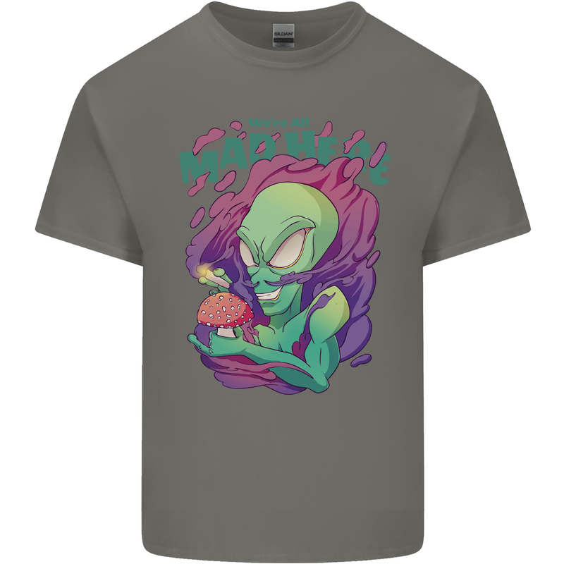 All Mad Here Alien Magic Mushrooms Mens Cotton T-Shirt Tee Top Charcoal