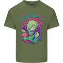 All Mad Here Alien Magic Mushrooms Mens Cotton T-Shirt Tee Top Military Green