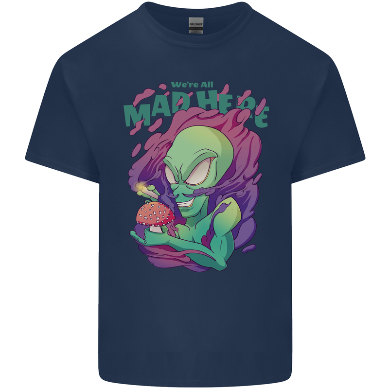 All Mad Here Alien Magic Mushrooms Mens Cotton T-Shirt Tee Top Navy Blue