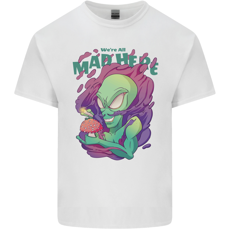 All Mad Here Alien Magic Mushrooms Mens Cotton T-Shirt Tee Top White