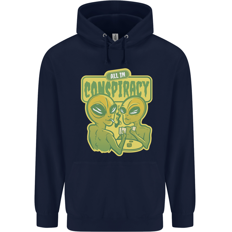All in Conspiracy Funny Alien Poker Card Game Mens 80% Cotton Hoodie Navy Blue