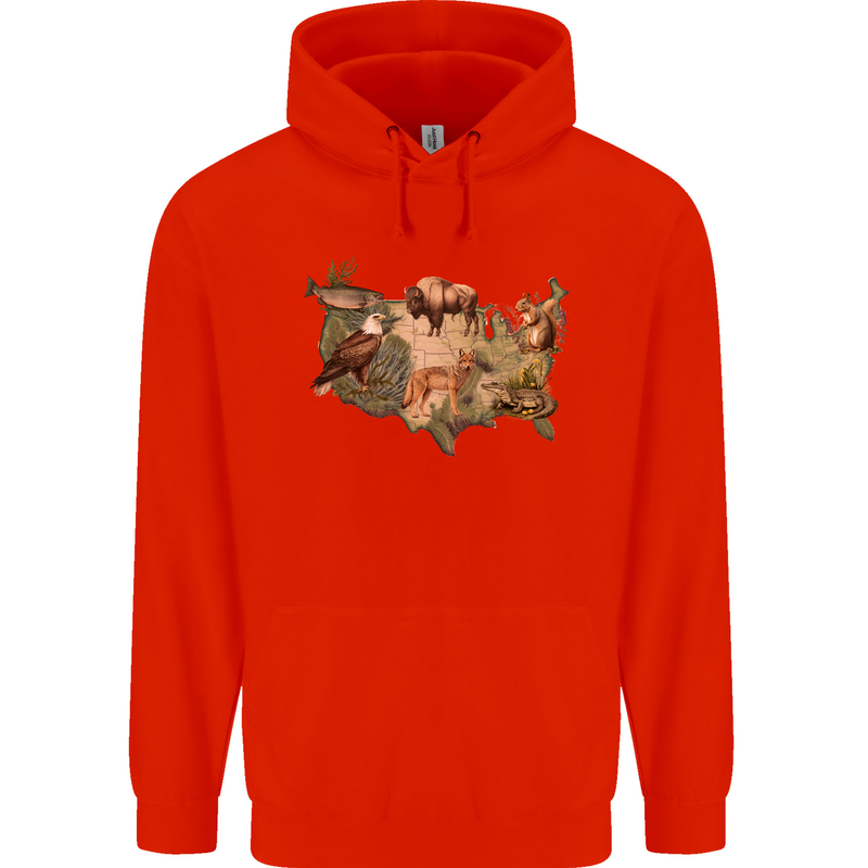 American Animals USA Eagle Buffalo Fish Wolf Mens 80% Cotton Hoodie Bright Red