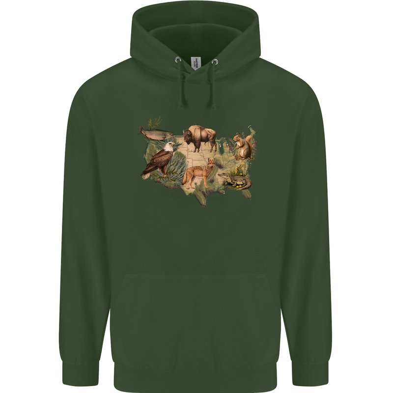 American Animals USA Eagle Buffalo Fish Wolf Mens 80% Cotton Hoodie Forest Green