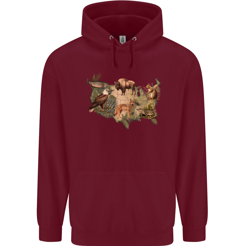 American Animals USA Eagle Buffalo Fish Wolf Mens 80% Cotton Hoodie Maroon