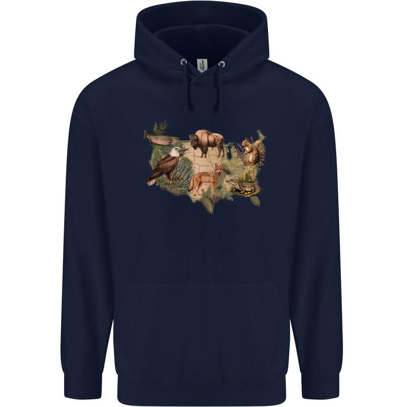 American Animals USA Eagle Buffalo Fish Wolf Mens 80% Cotton Hoodie Navy Blue