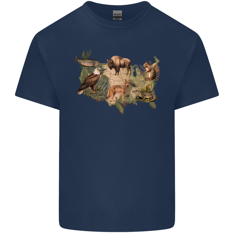 American Animals USA Eagle Buffalo Fish Wolf Mens Cotton T-Shirt Tee Top Navy Blue