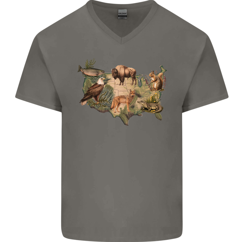 American Animals USA Eagle Buffalo Fish Wolf Mens V-Neck Cotton T-Shirt Charcoal